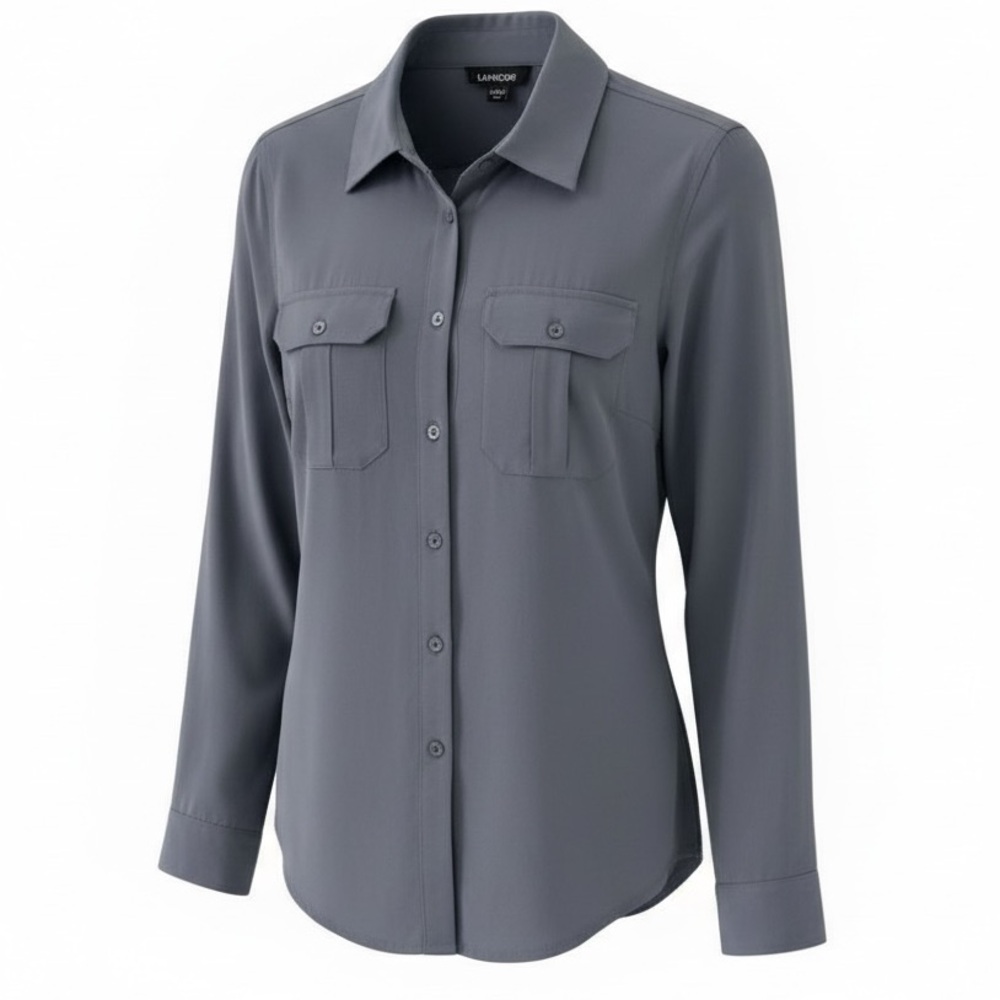 Bebe Slate Grey Button Down Long Sleeve Boyfriend Fit Silk Shirt Size Medium